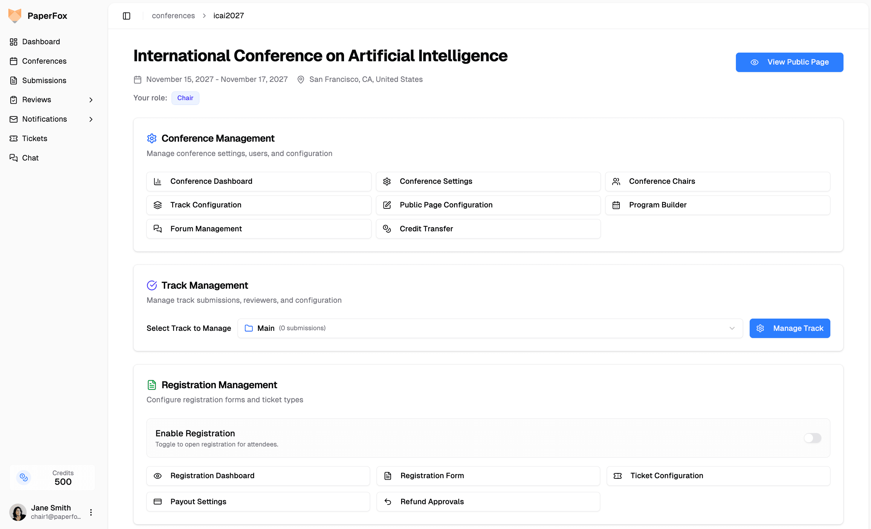 Screenshot of PaperFox conference management dashboard showing submission statistics and review progress