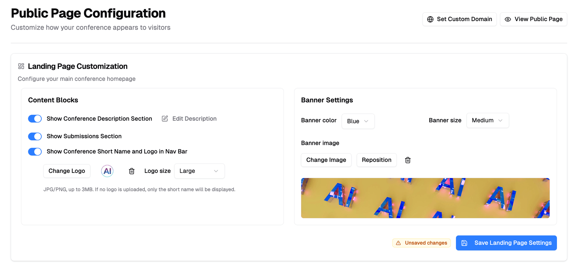 Screenshot of PaperFox conference website builder interface