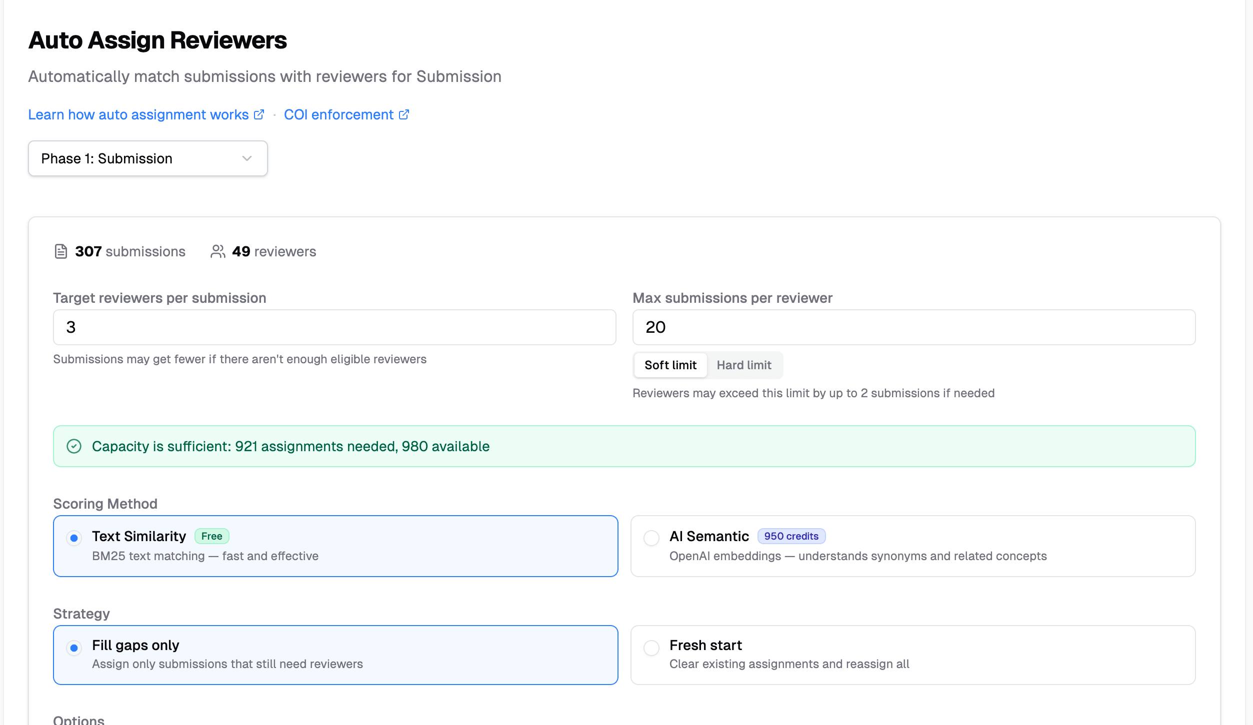 PaperFox auto assign reviewers screen with scoring method, reviewer limits, and capacity check