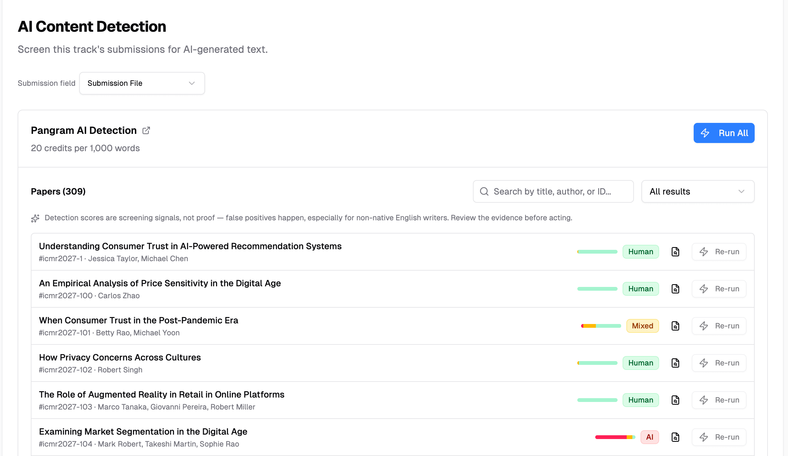 PaperFox AI content detection screening submissions with human, mixed, and AI verdicts