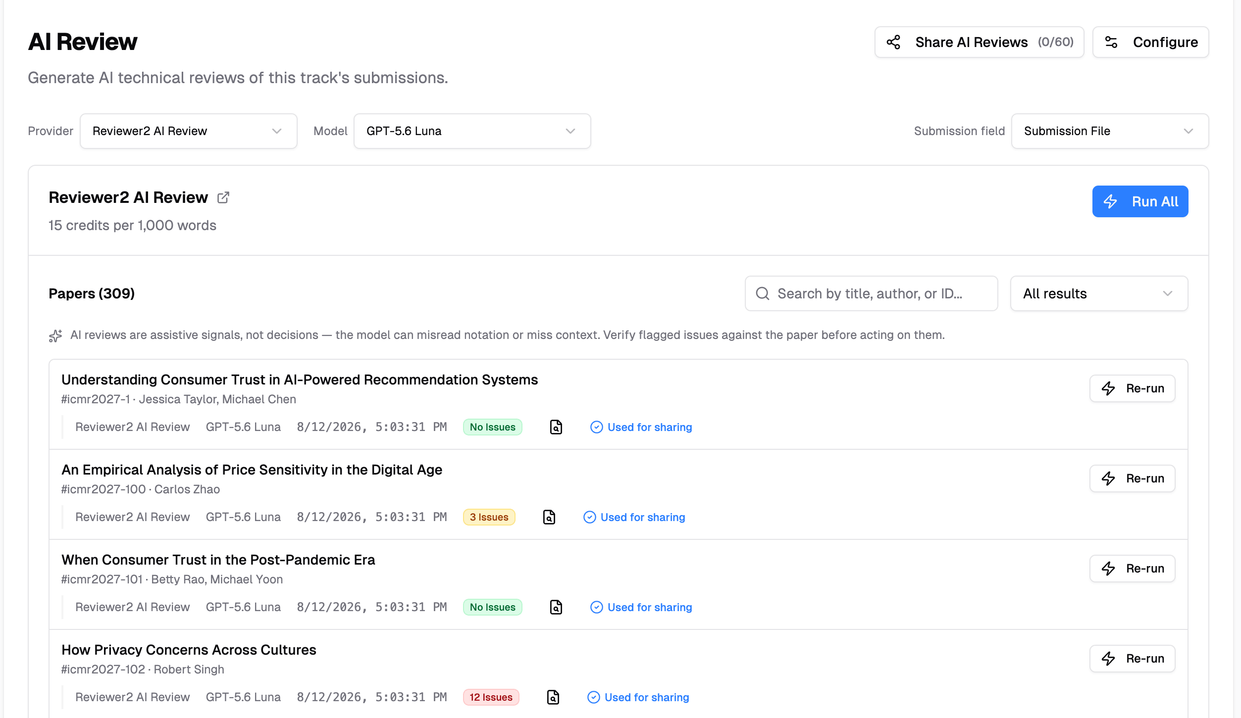 PaperFox AI review generating technical reviews of a track's submissions with issue counts
